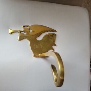Vintage Brass Angel Stocking Holder Mantel Hook Trumpet Engraved "Justin"